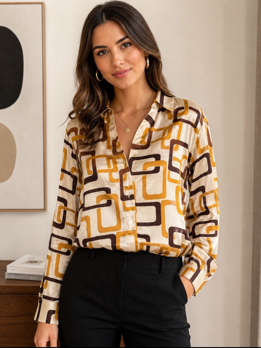 Geometric Print Button-Up Blouse in Cream, Mustard & Brown. Size S